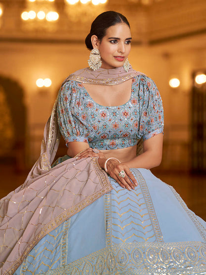 Myra Sky & Dusty Pink Gorgette Embroidered Designer Lehenga Choli