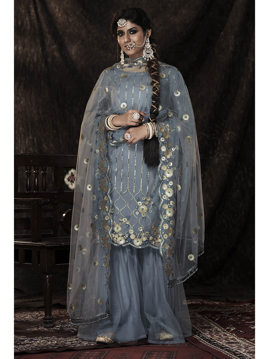 Myra Grey Net Embroidered Sharara Suit