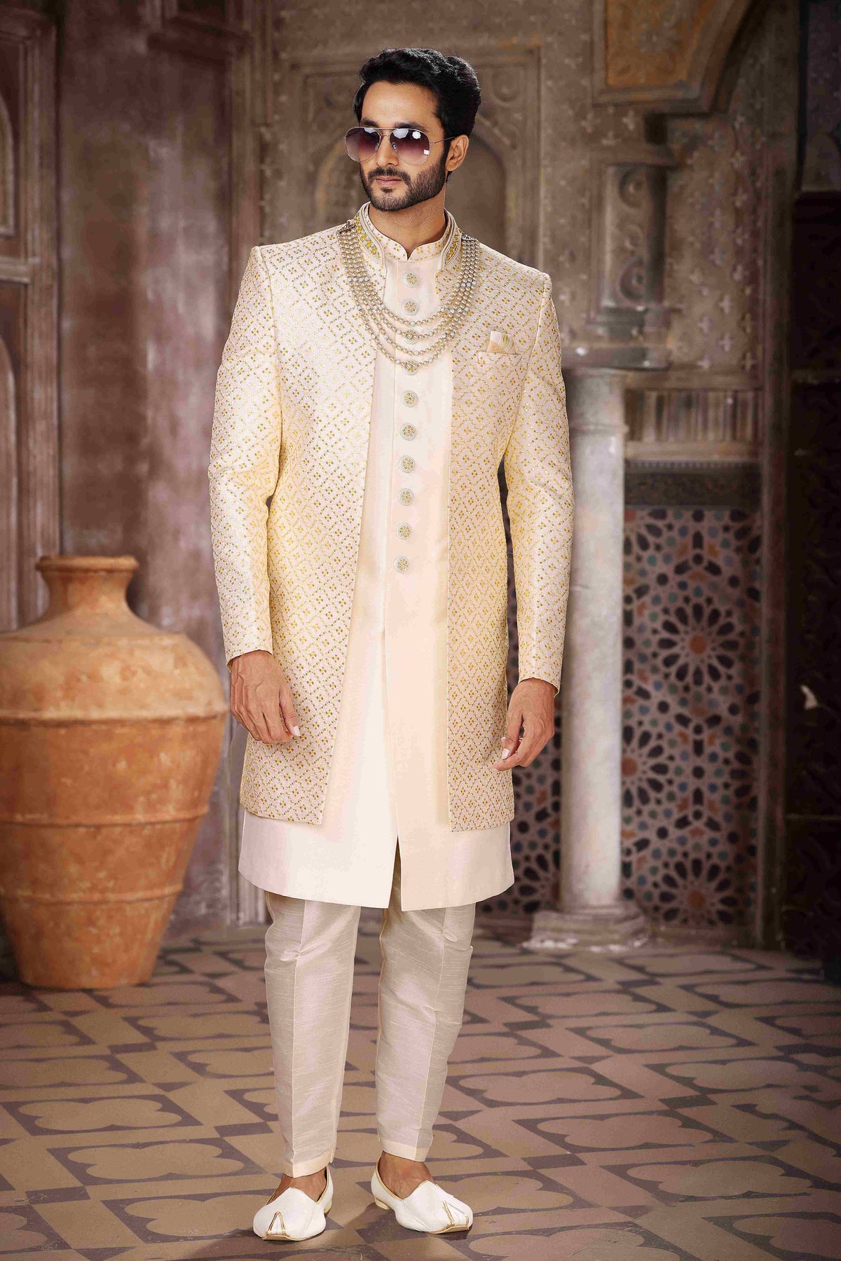 Raivat Ethnic Art Silk Embroidery Work 3 Pcs Indo Jacket Set In Cream Colour