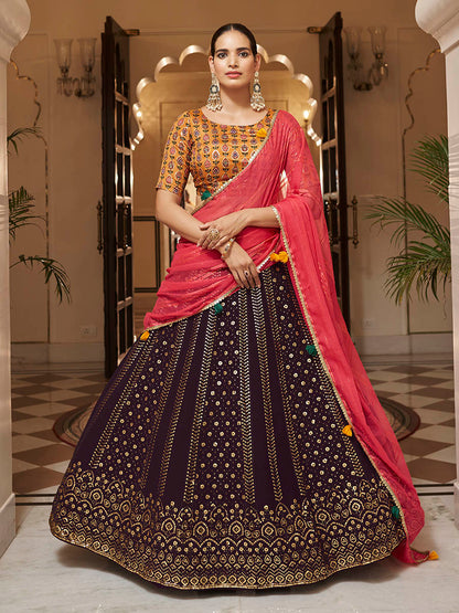 Myra Purple and Mustard Yellow Georgette Designer Lehenga Choli