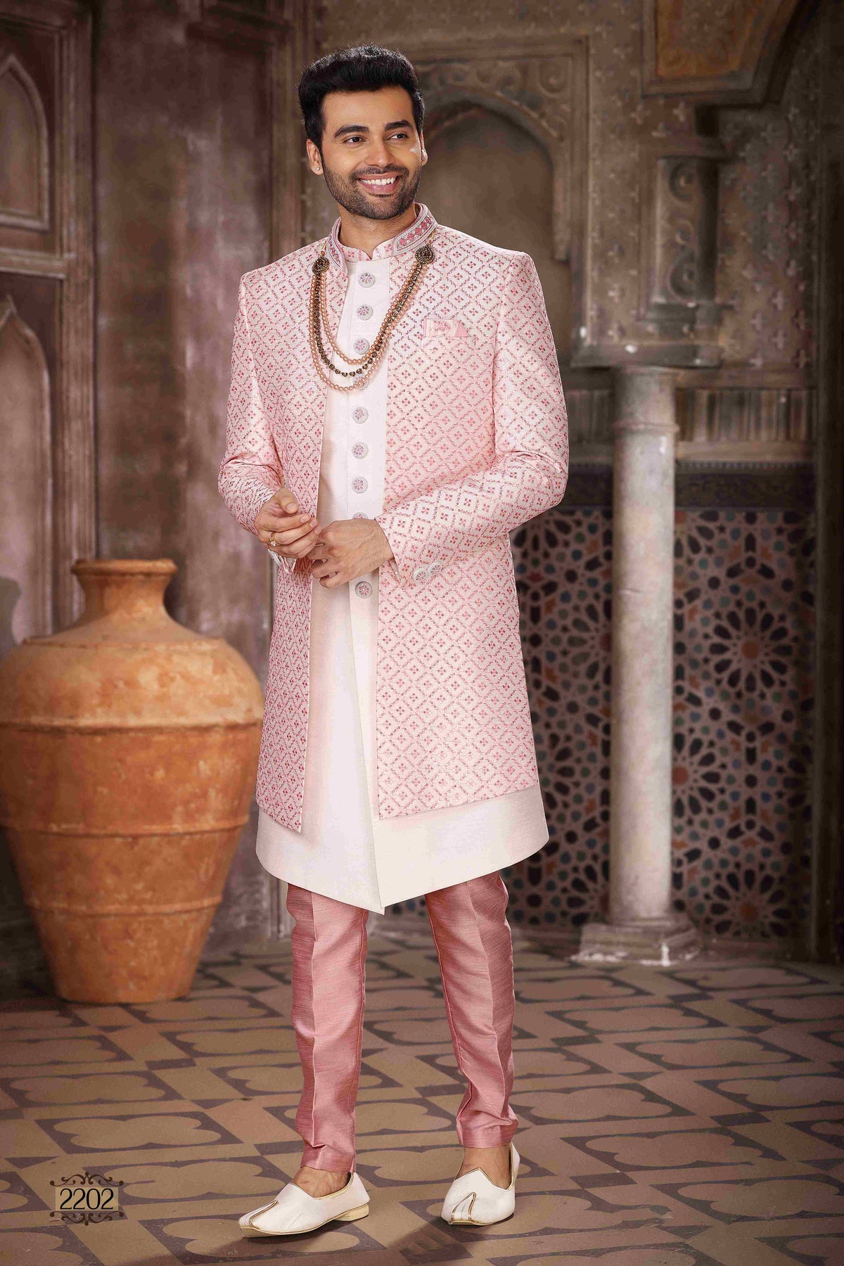 Raivat Ethnic Art Silk Embroidery Work 3 Pcs Indo Jacket Set In Cream Colour