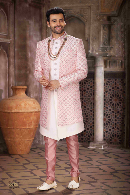 Raivat Ethnic Art Silk Embroidery Work 3 Pcs Indo Jacket Set In Cream Colour