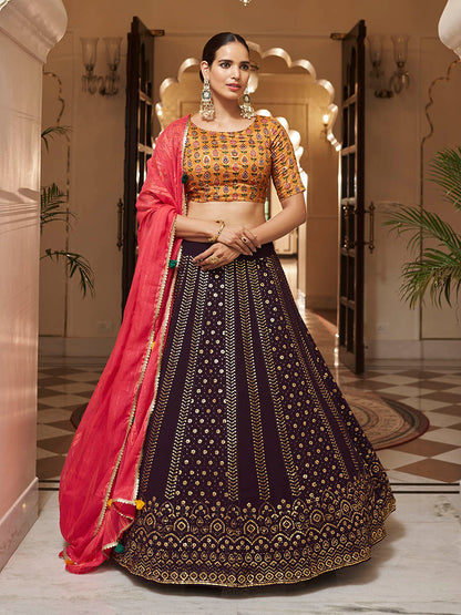 Myra Purple and Mustard Yellow Georgette Designer Lehenga Choli