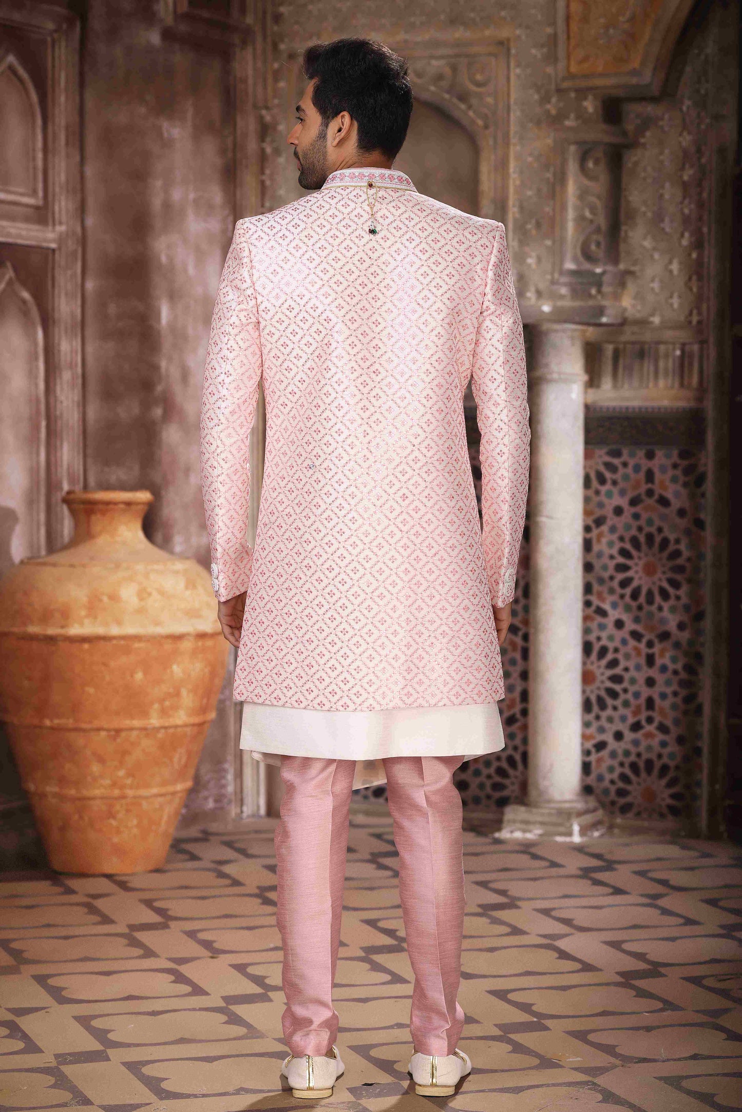 Raivat Ethnic Art Silk Embroidery Work 3 Pcs Indo Jacket Set In Cream Colour