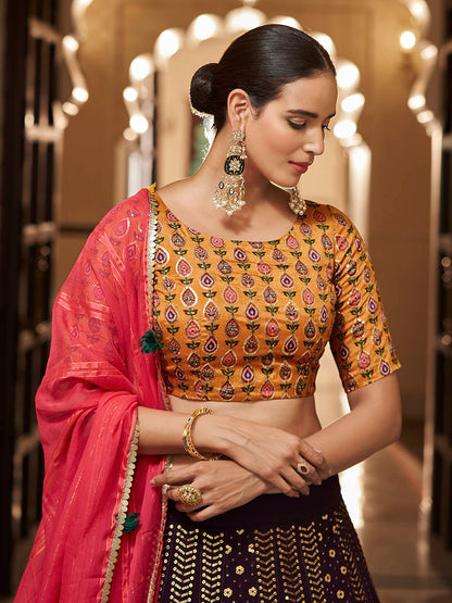 Myra Purple and Mustard Yellow Georgette Designer Lehenga Choli