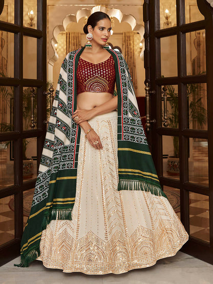 Myra Pearl White , Maroon and Green Georgette Designer Lehenga Choli