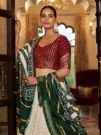 Myra Pearl White , Maroon and Green Georgette Designer Lehenga Choli