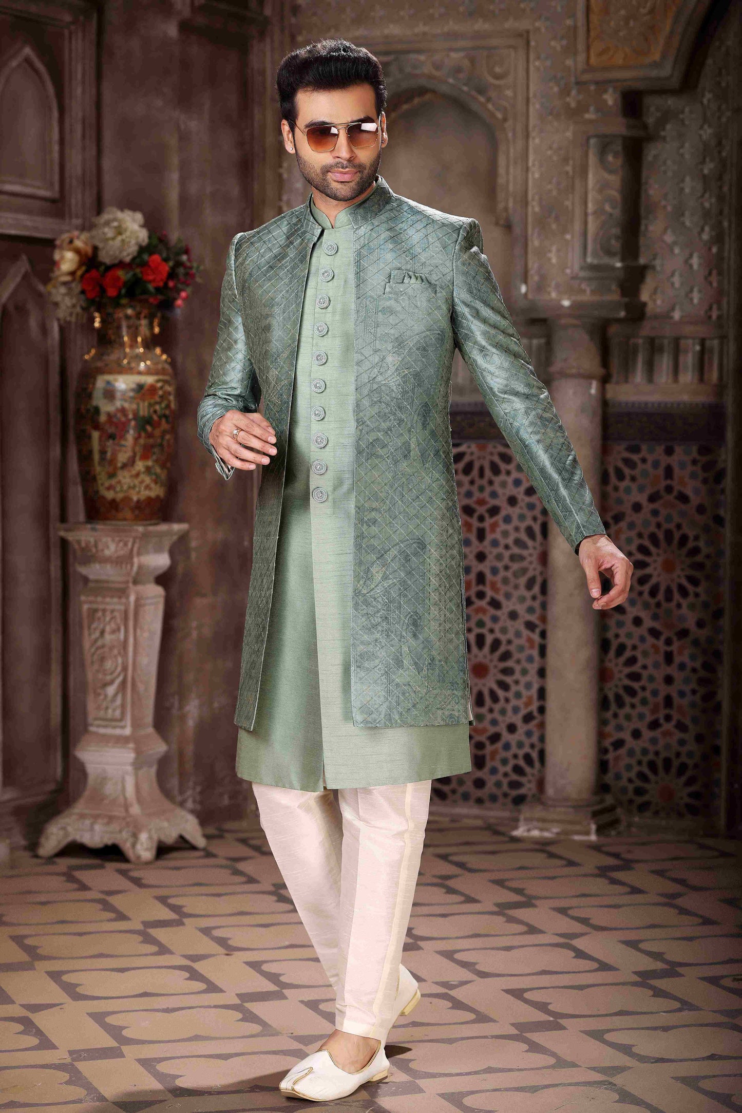 Raivat Ethnic Art Silk Embroidery Work 3 Pcs Indo Jacket Set In Green Colour