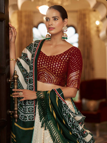 Myra Pearl White , Maroon and Green Georgette Designer Lehenga Choli