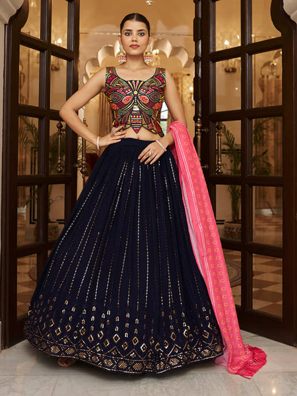 Myra Pink and Navy Blue Georgette Designer Lehenga Choli