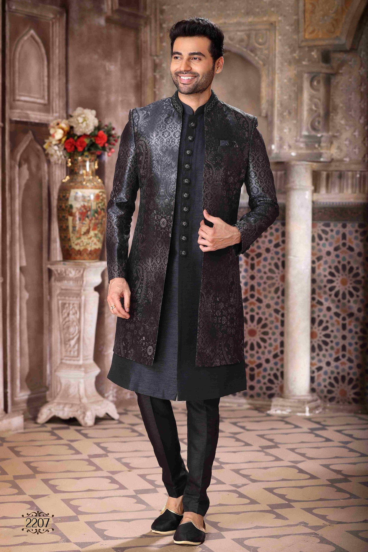 Raivat Ethnic Art Silk Embroidery Work 3 Pcs Indo Jacket Set In Black Colour