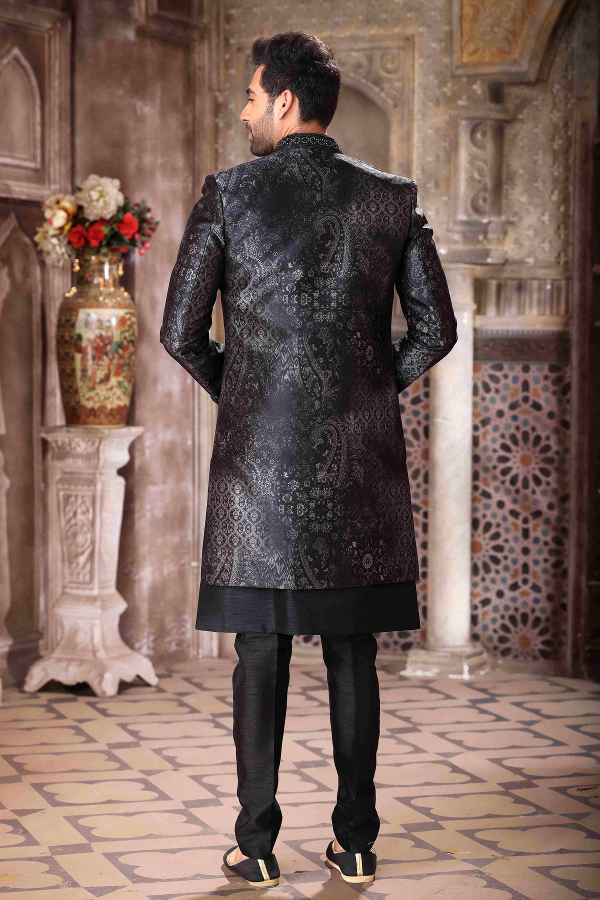 Raivat Ethnic Art Silk Embroidery Work 3 Pcs Indo Jacket Set In Black Colour