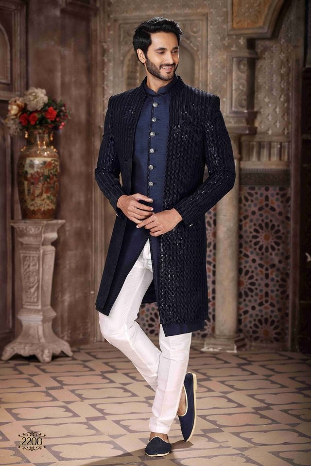 Raivat Ethnic Velvet and Art Silk Embroidery Work 3 Pcs Indo Jacket Set In Blue Colour