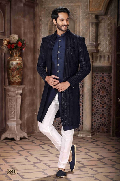 Raivat Ethnic Velvet and Art Silk Embroidery Work 3 Pcs Indo Jacket Set In Blue Colour