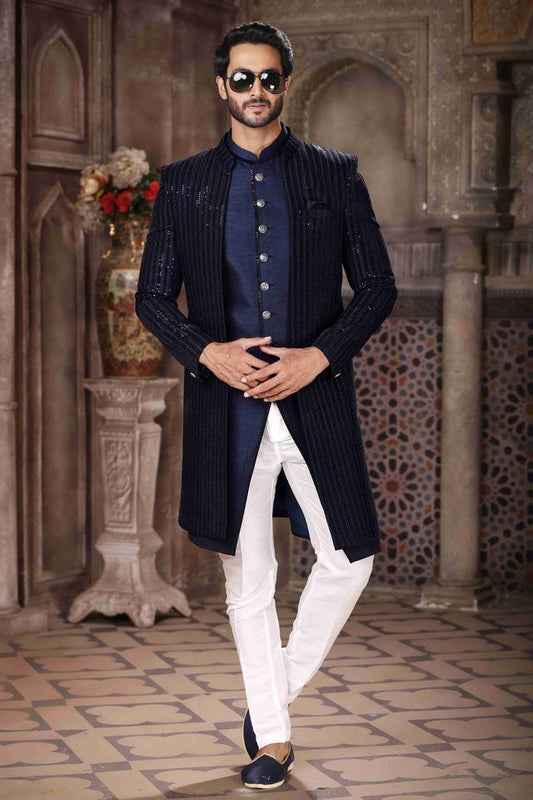 Raivat Ethnic Velvet and Art Silk Embroidery Work 3 Pcs Indo Jacket Set In Blue Colour