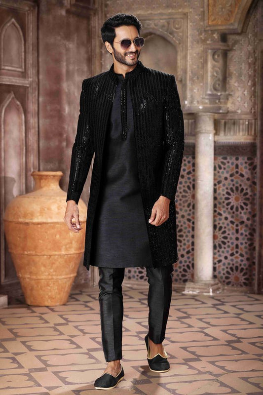 Raivat Ethnic Velvet and Art Silk Embroidery Work 3 Pcs Indo Jacket Set In Black Colour