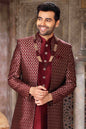 Raivat Ethnic Banarasi Jacquard and Art Silk Embroidery Work 3 Pcs Indo Jacket Set In Wine Colour