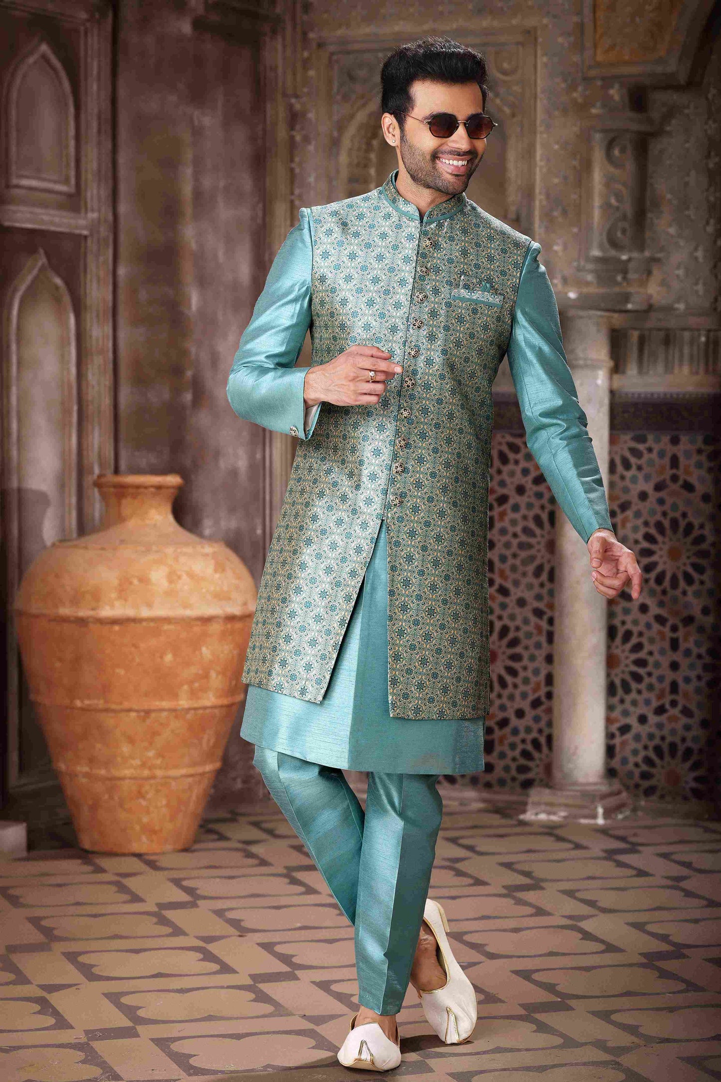 Raivat Ethnic Art Silk Embroidery Work 3 Pcs Indo Jacket Set In Sky Blue Colour
