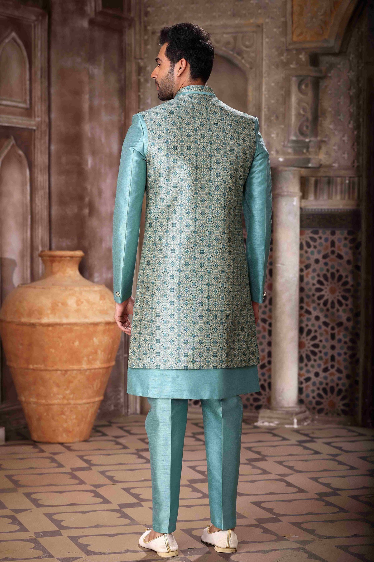 Raivat Ethnic Art Silk Embroidery Work 3 Pcs Indo Jacket Set In Sky Blue Colour