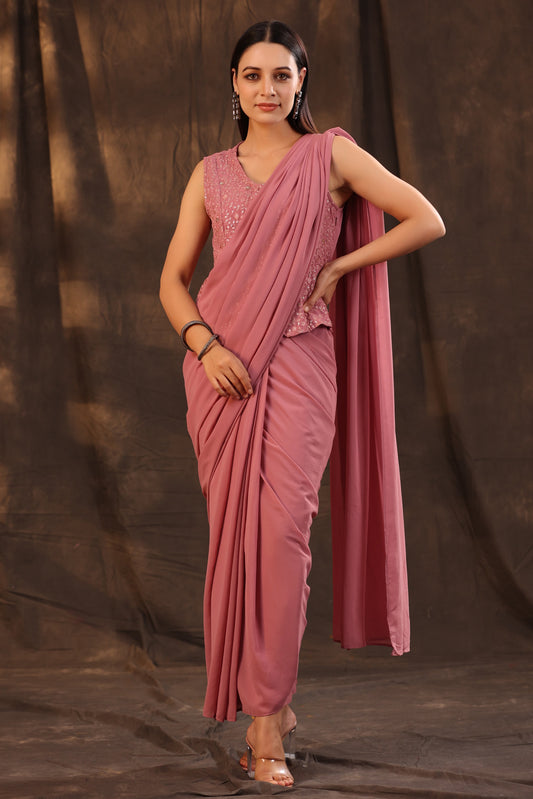 Juniper Women Rosegold Georgette Embellished Saree Style Dress