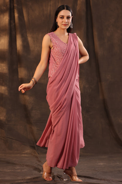 Juniper Women Rosegold Georgette Embellished Saree Style Dress