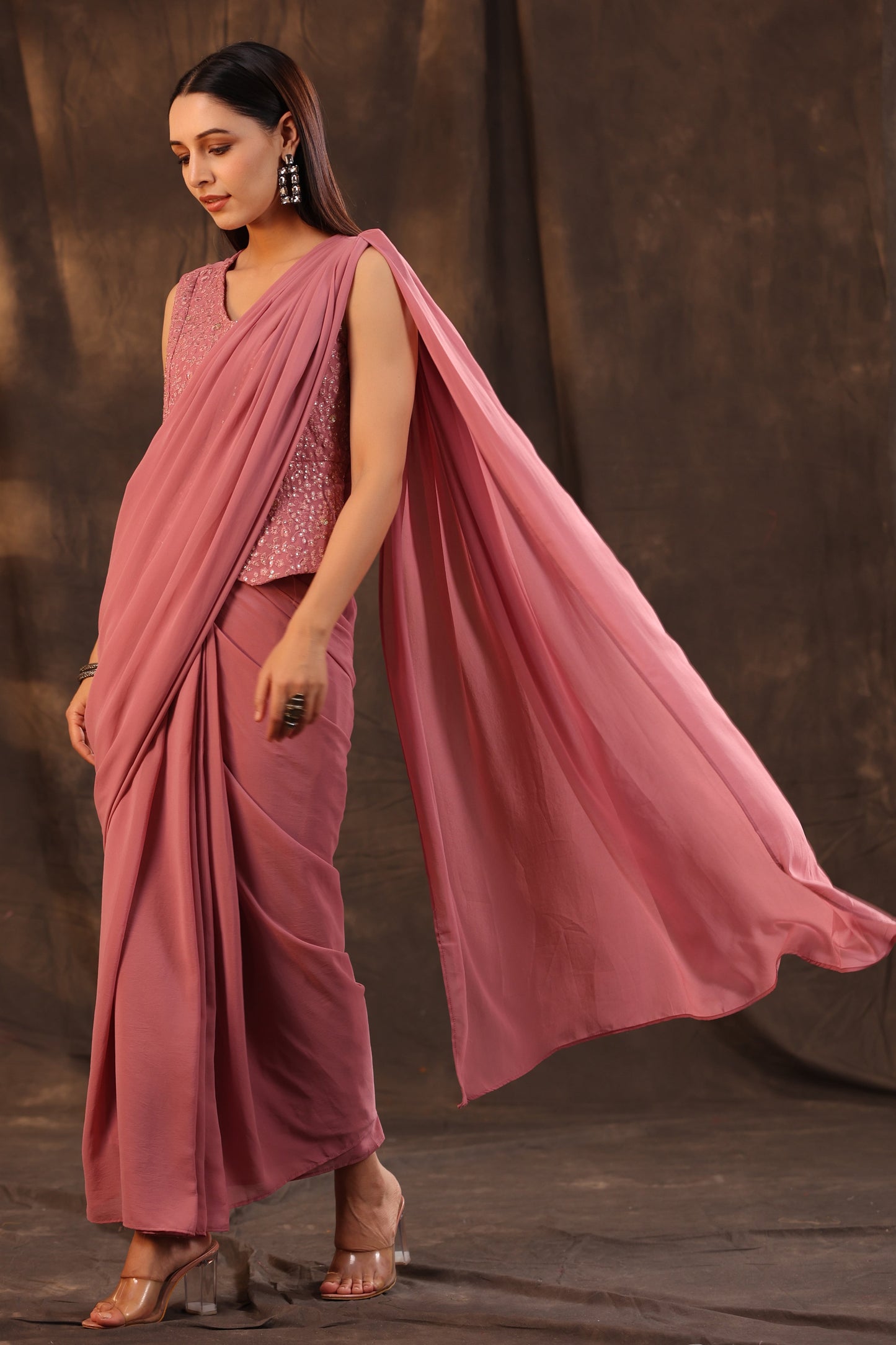 Juniper Women Rosegold Georgette Embellished Saree Style Dress