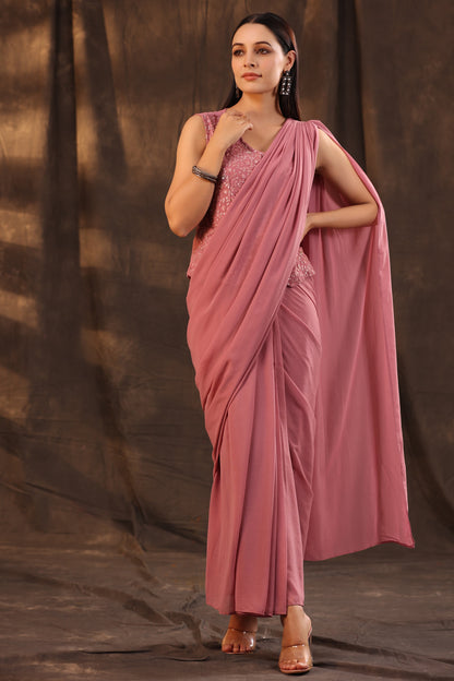 Juniper Women Rosegold Georgette Embellished Saree Style Dress