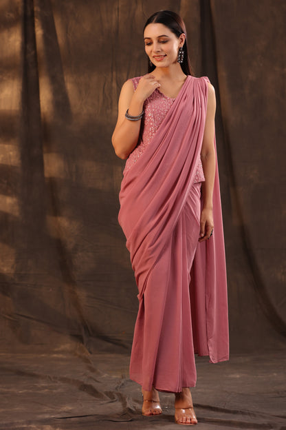 Juniper Women Rosegold Georgette Embellished Saree Style Dress