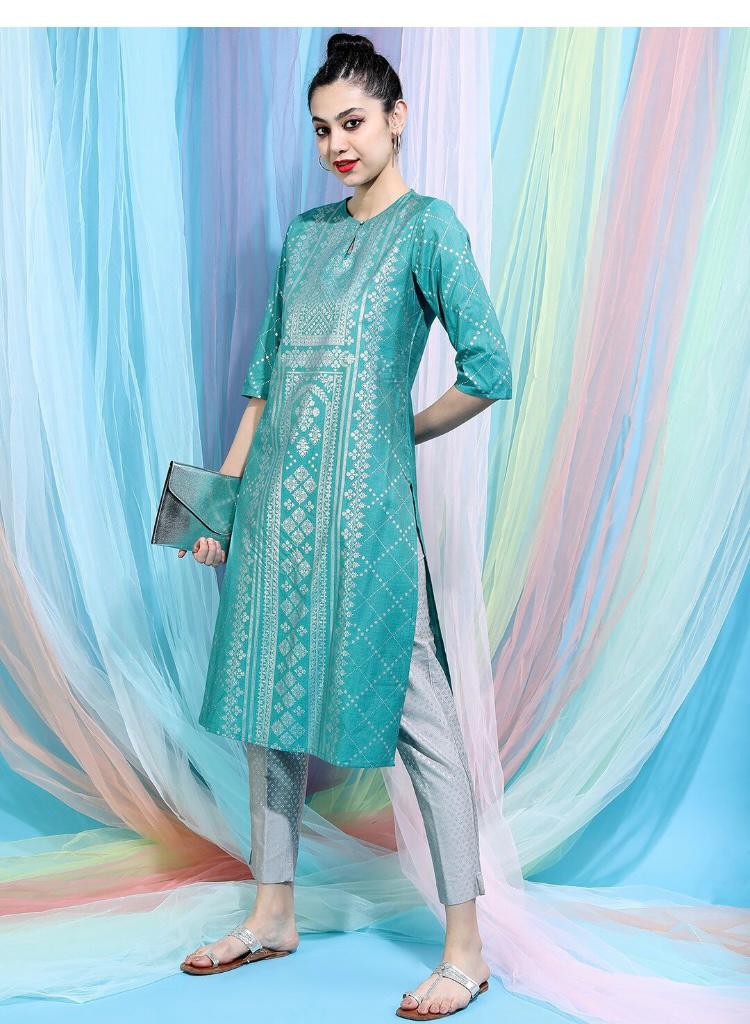 Maai Rayon Hand Printed Kurta Sky Blue