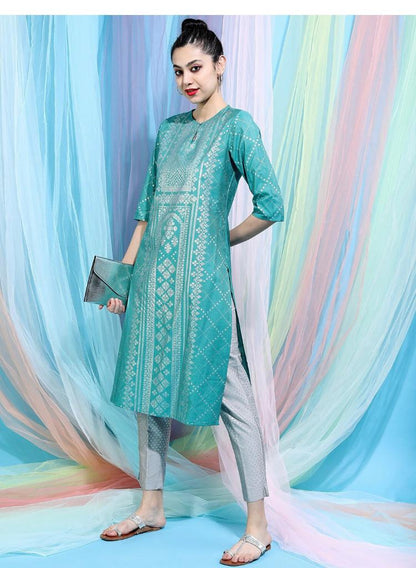 Maai Rayon Hand Printed Kurta Sky Blue