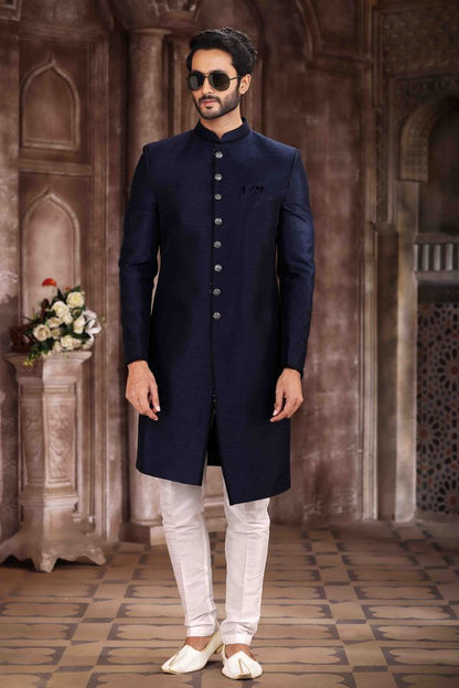 Raivat Ethnic Art Silk Embroidery Work Sherwani In Blue Colour