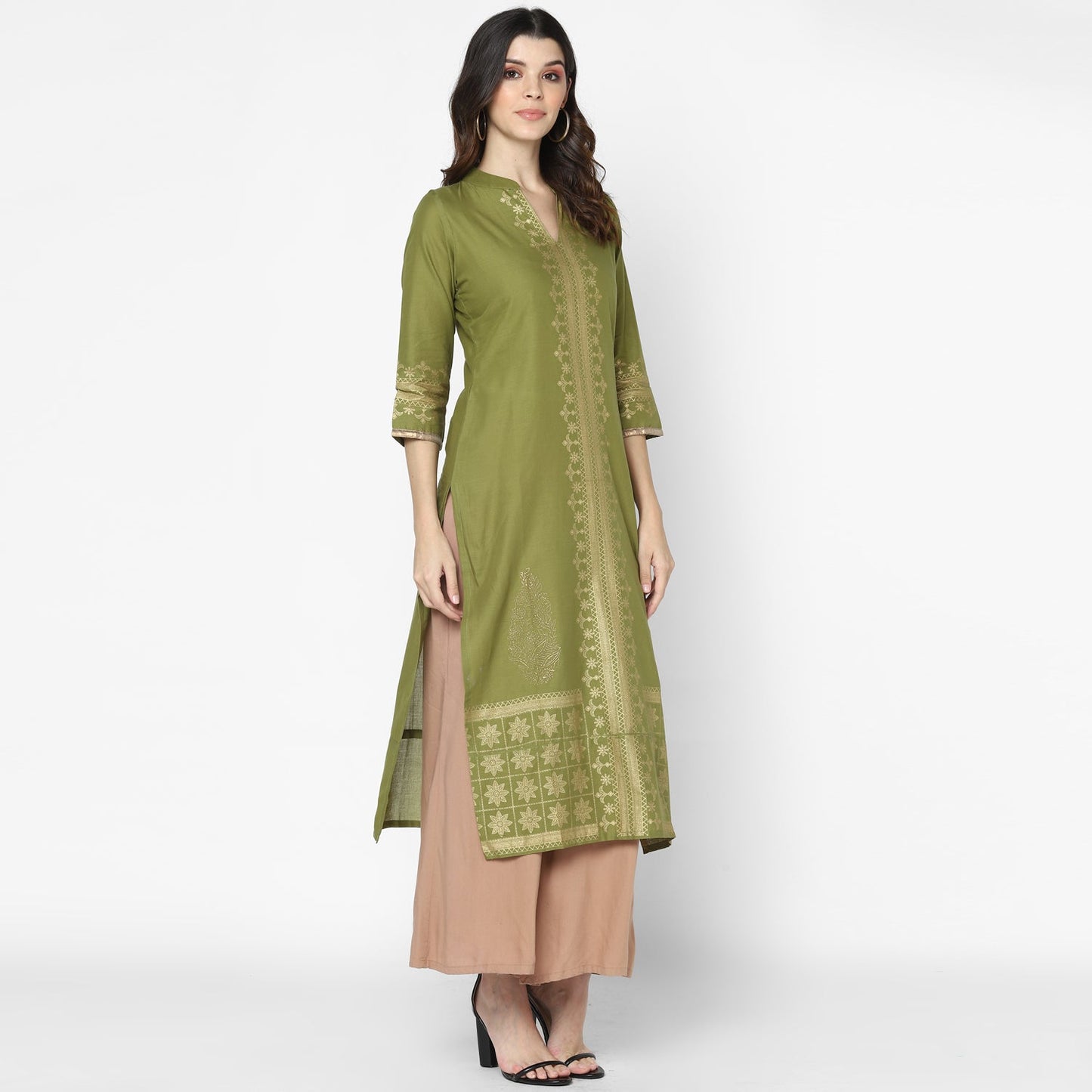 Maai Rayon Hand Printed Kurta Olive