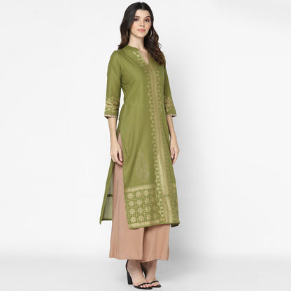 Maai Rayon Hand Printed Kurta Olive