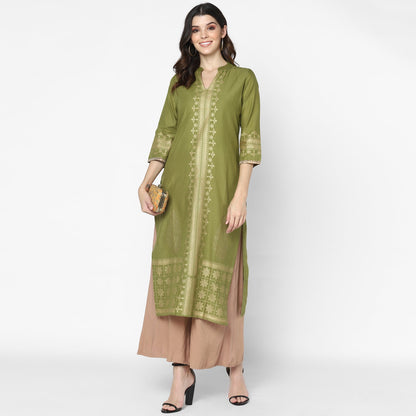 Maai Rayon Hand Printed Kurta Olive