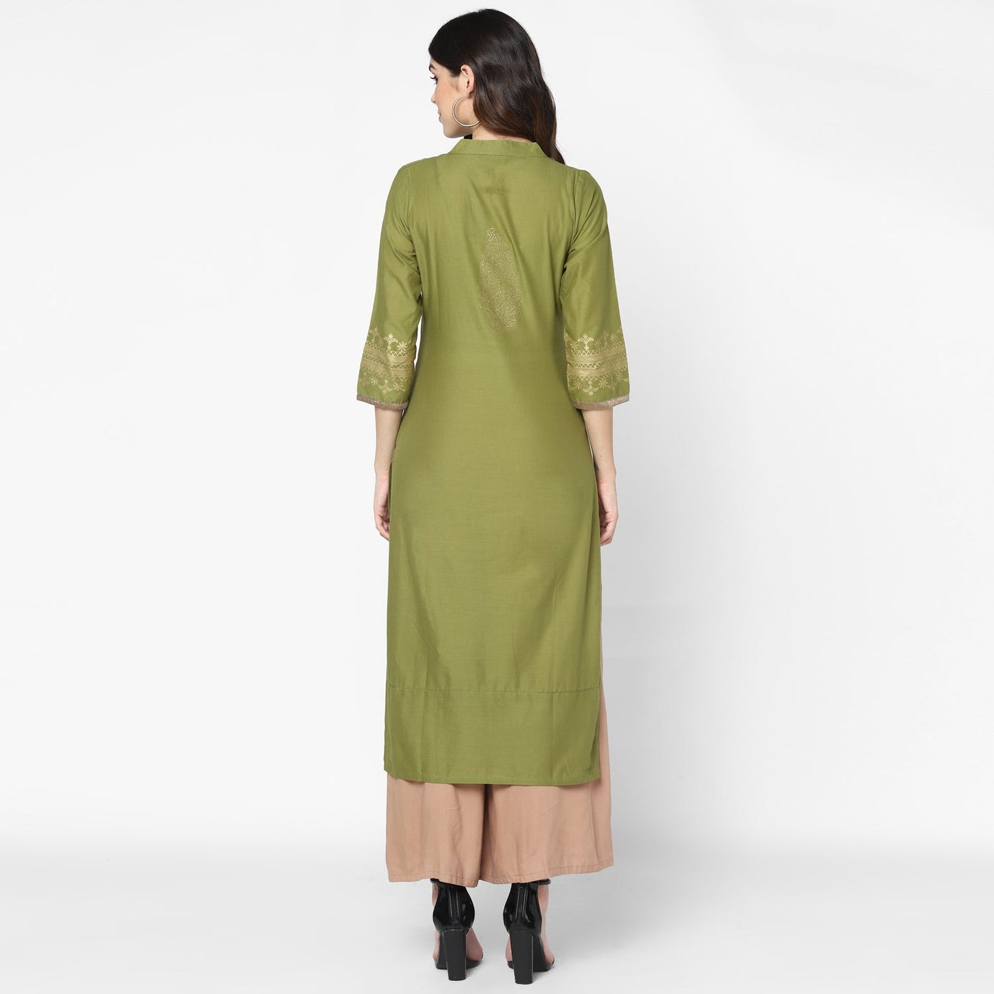 Maai Rayon Hand Printed Kurta Olive