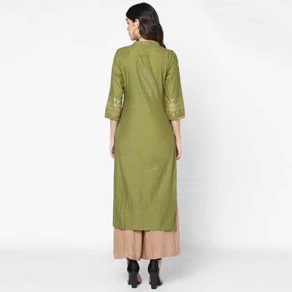 Maai Rayon Hand Printed Kurta Olive