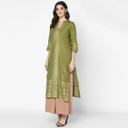 Maai Rayon Hand Printed Kurta Olive