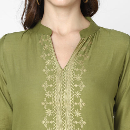 Maai Rayon Hand Printed Kurta Olive