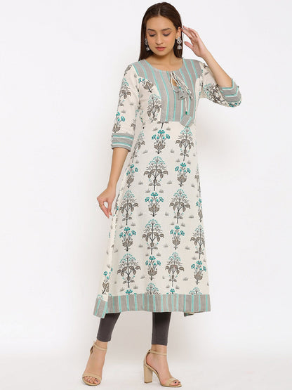 HERE&NOW Off-White & Grey Floral Printed Cotton Flax A-Line Kurta
