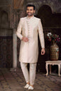 Raivat Ethnic Banarasi Jacquard Woven Work Indo Western Sherwani In Cream Colour