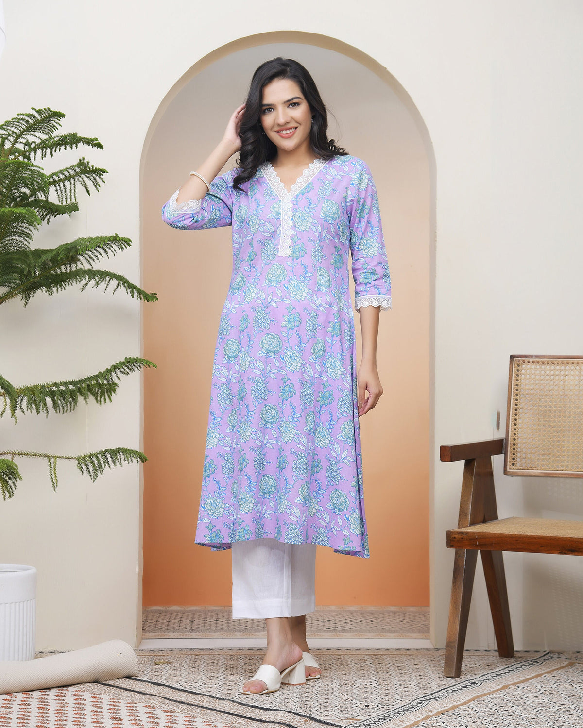 Vaasva Women Lavender Floral Cotton Printed Flare Kurti