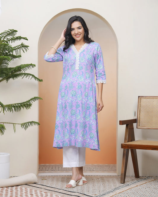 Vaasva Women Lavender Floral Cotton Printed Flare Kurti