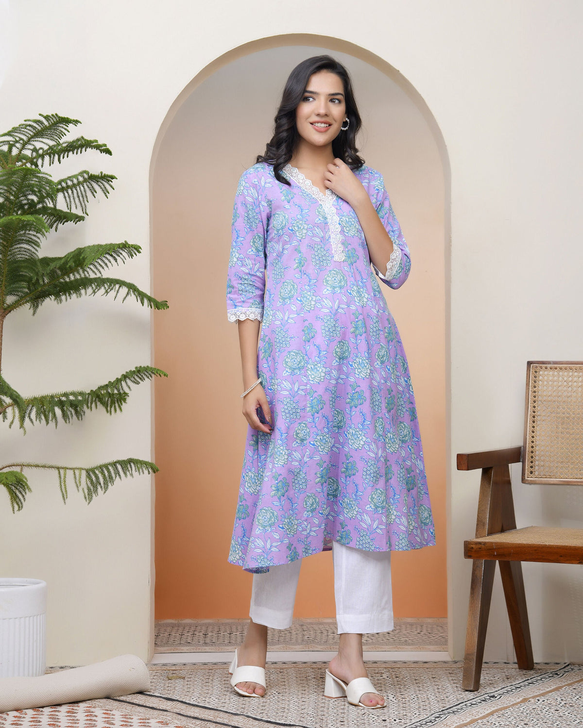 Vaasva Women Lavender Floral Cotton Printed Flare Kurti