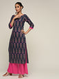 Maai Rayon Hand Printed Kurta Navy