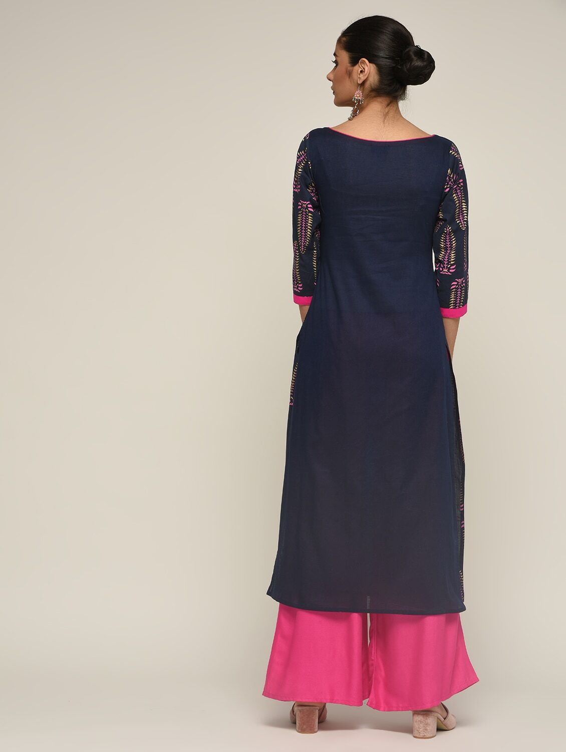 Maai Rayon Hand Printed Kurta Navy