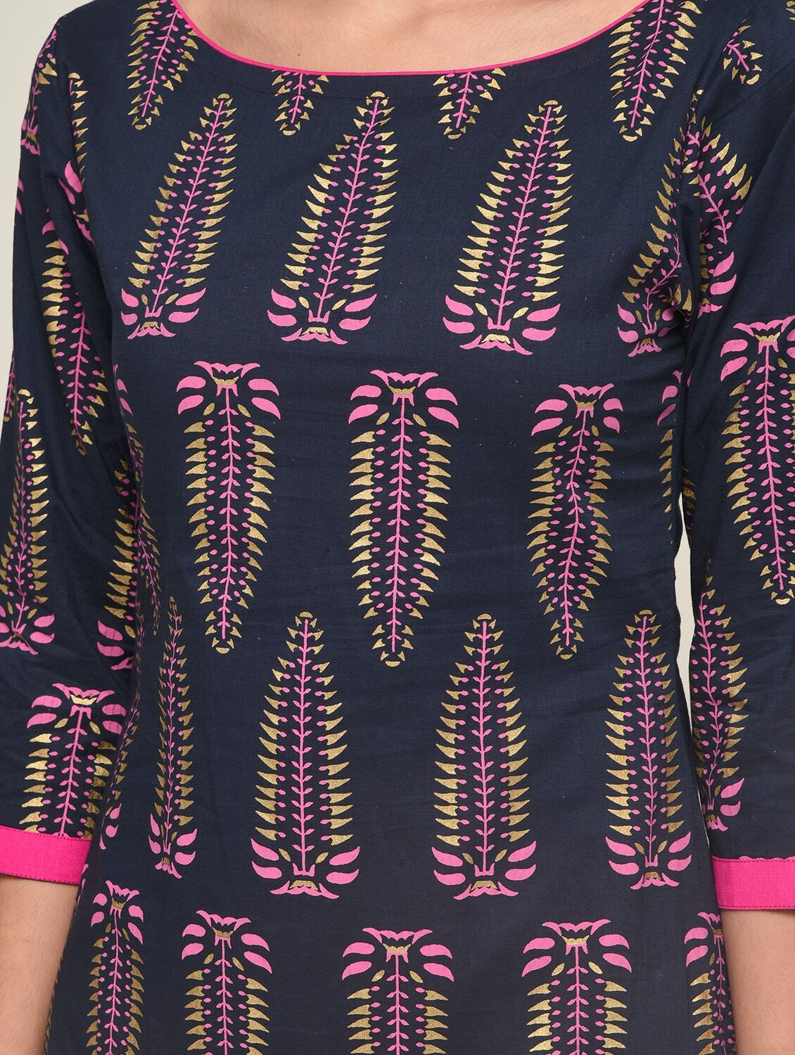 Maai Rayon Hand Printed Kurta Navy