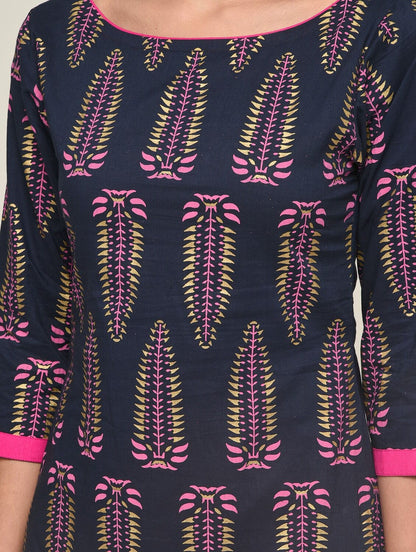Maai Rayon Hand Printed Kurta Navy