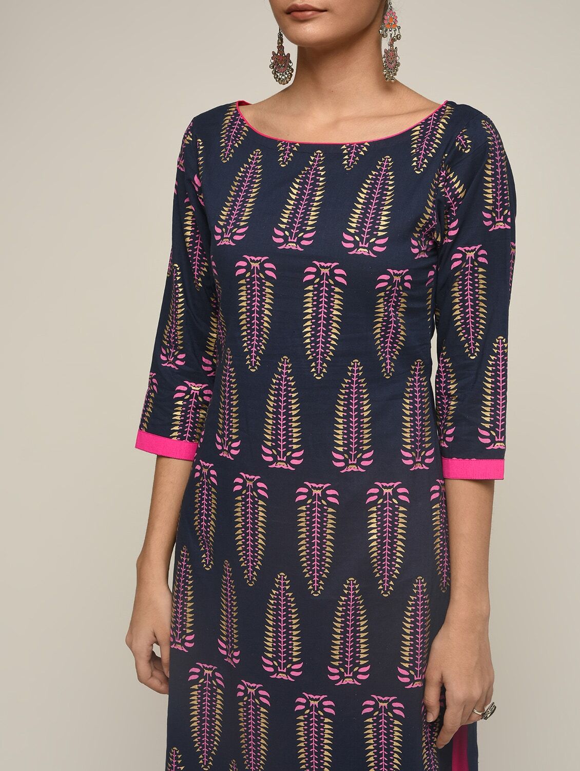 Maai Rayon Hand Printed Kurta Navy