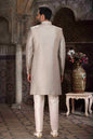 Raivat Ethnic Banarasi Jacquard Woven Work Indo Western Sherwani In Light Grey Colour