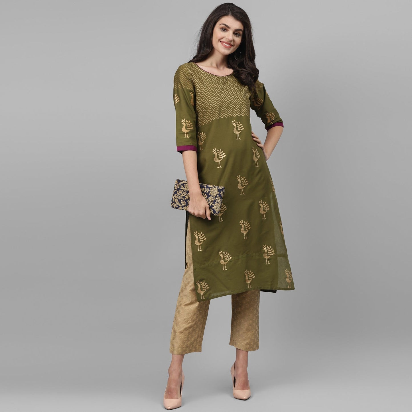 Maai Rayon Hand Printed Kurta Olive